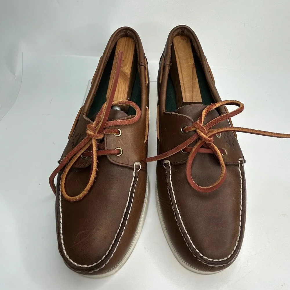 Land Rover Mens 10 Brown Leather Boat Shoes Genuine Hand-sewn Deck Nautical
