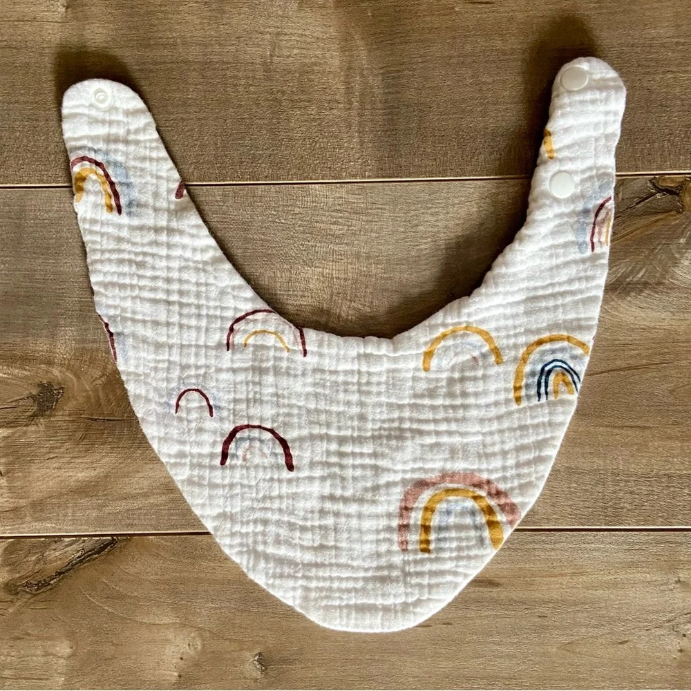 Set of 2 Double Gauze Bandana Bibs in Mustard and Neutral Rainbow Print