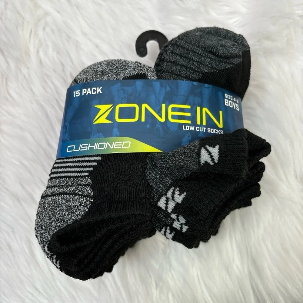 NEW Zone‎ In Boys Size 4-6 Low Cut Cushioned Socks Pack of 15 Black & Gray NWT