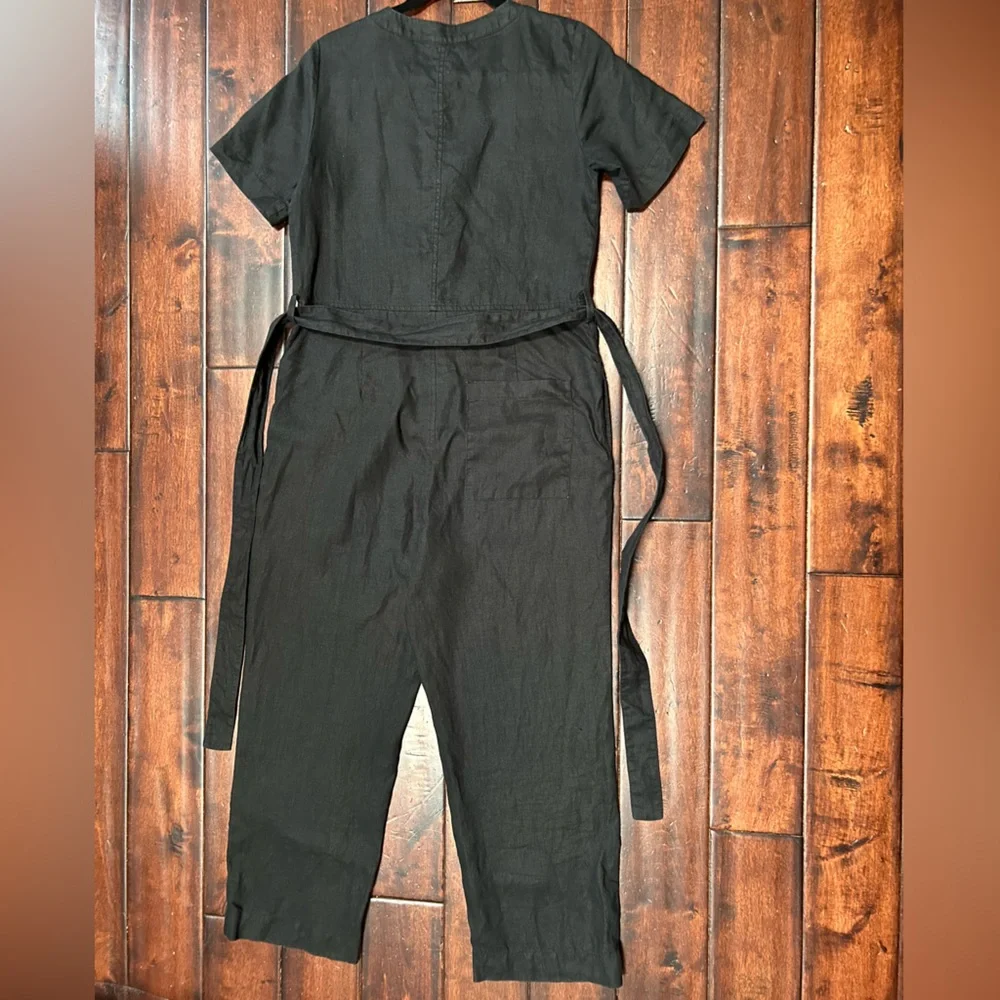 Everlane Black Linen Button-Front Short Sleeve Jumpsuit with Tie Waist