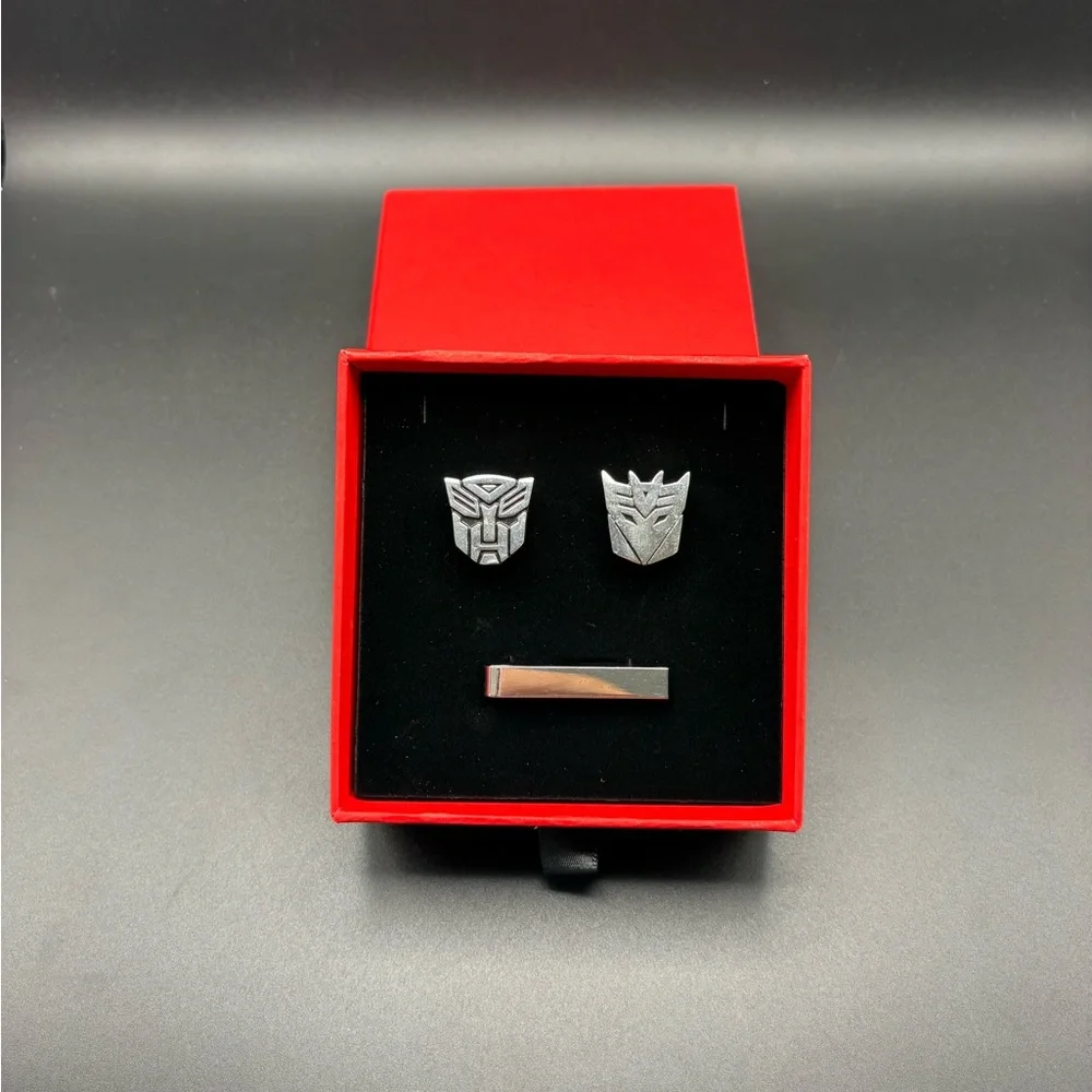 Transformers Autobot Decepticon Cufflinks w Silver Tie Bar Set Geek Gift