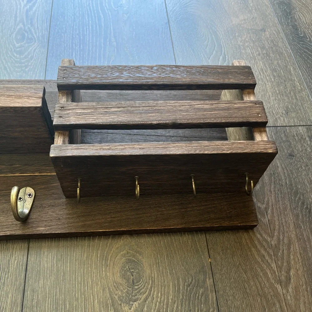 Rustic Wood Wall Organizer with Hooks
