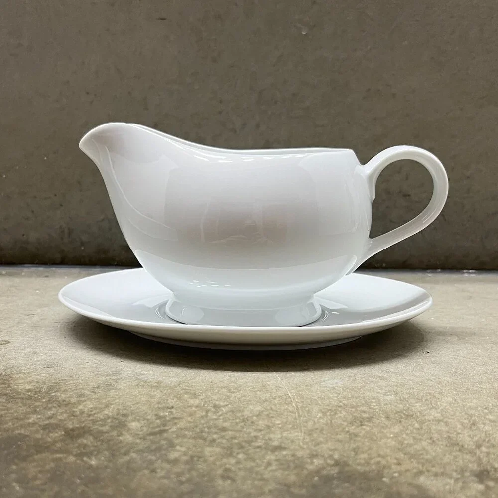 Crate&Barrel White Porcelain Gravy Boat and Saucer