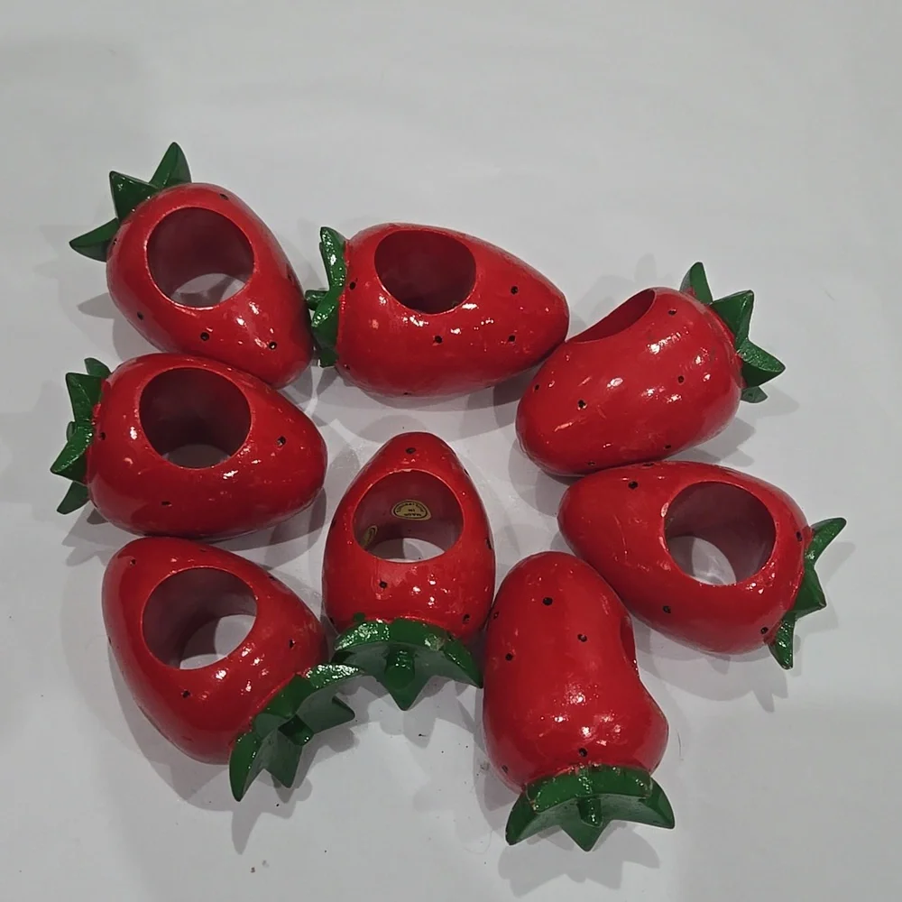 Vintage Strawberry Wooden painted napkin rings Set Of 8