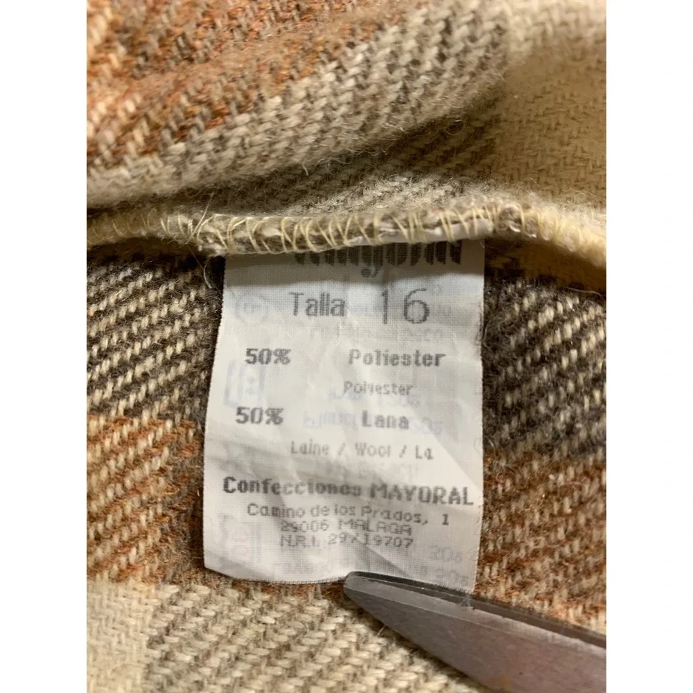 Caletta Mayoral Vintage Plaid Wool Blend Toggle Blanket Vest Brown Tan Size 16