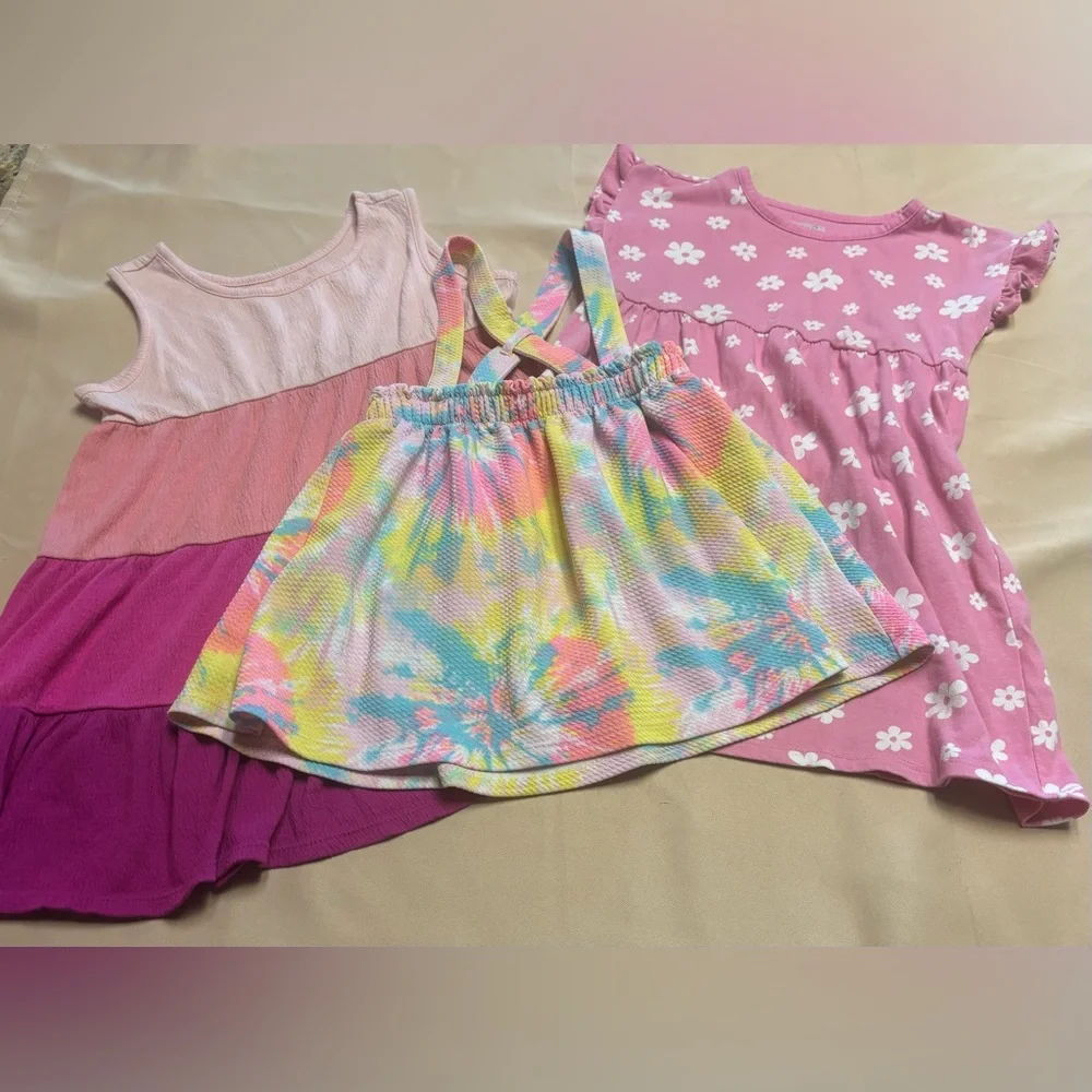 Lot of 3‎ - Girl Dresses Sz 5T Pink Floral Flowy Casual Tie Dye Lounge School