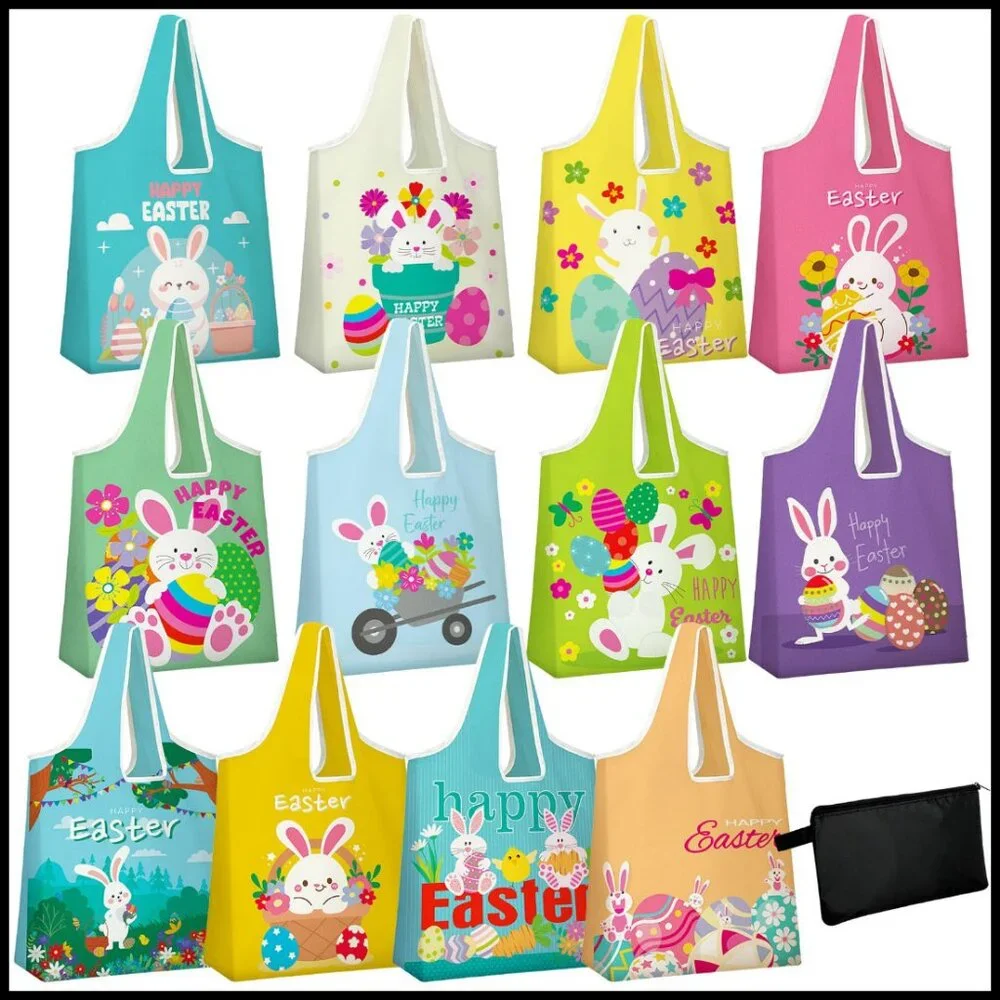 Easter Themed Reusable Tote Bags Polyester Foldable Washable Storage Pouch
