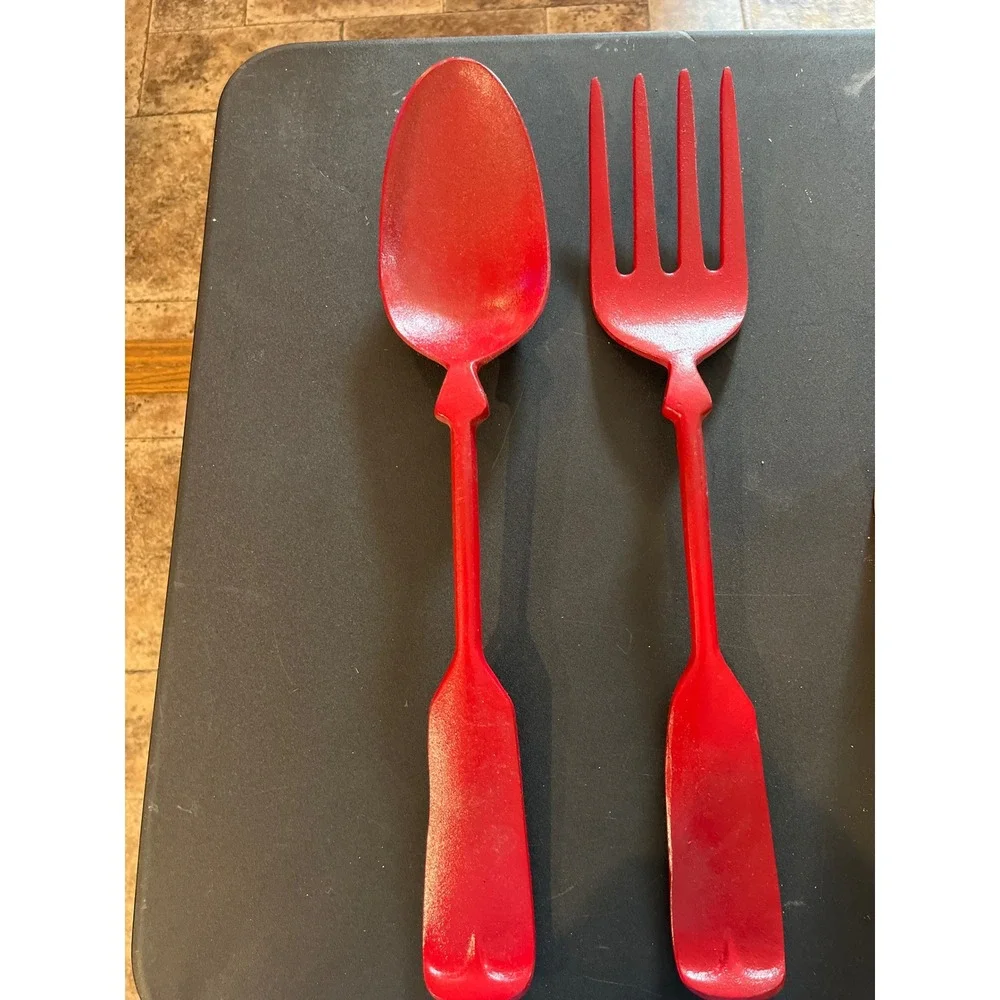 Vintage Red Cast Metal Giant Spoon and Fork Wall Decor Set 22 Inch Kitchen Art