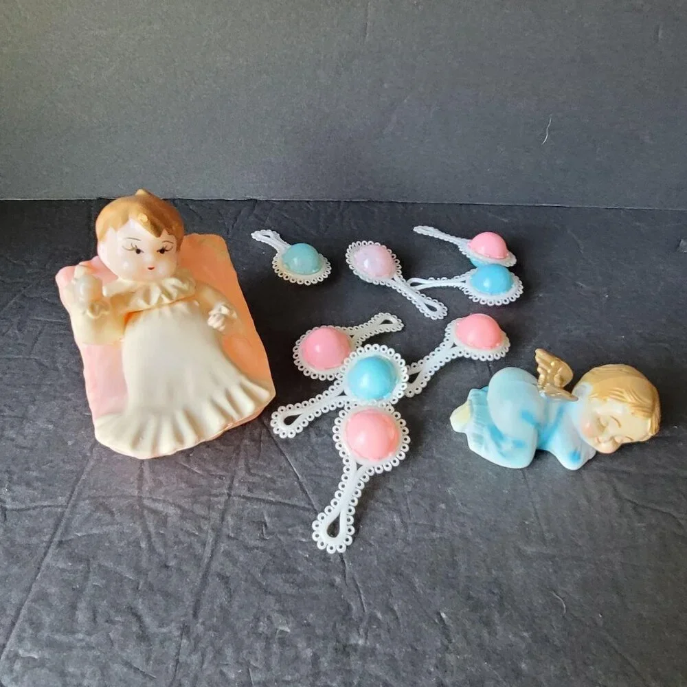 Vintage Wilton Baby Shower Christening Cake Toppers Boy Girl baby Rattles Pink B