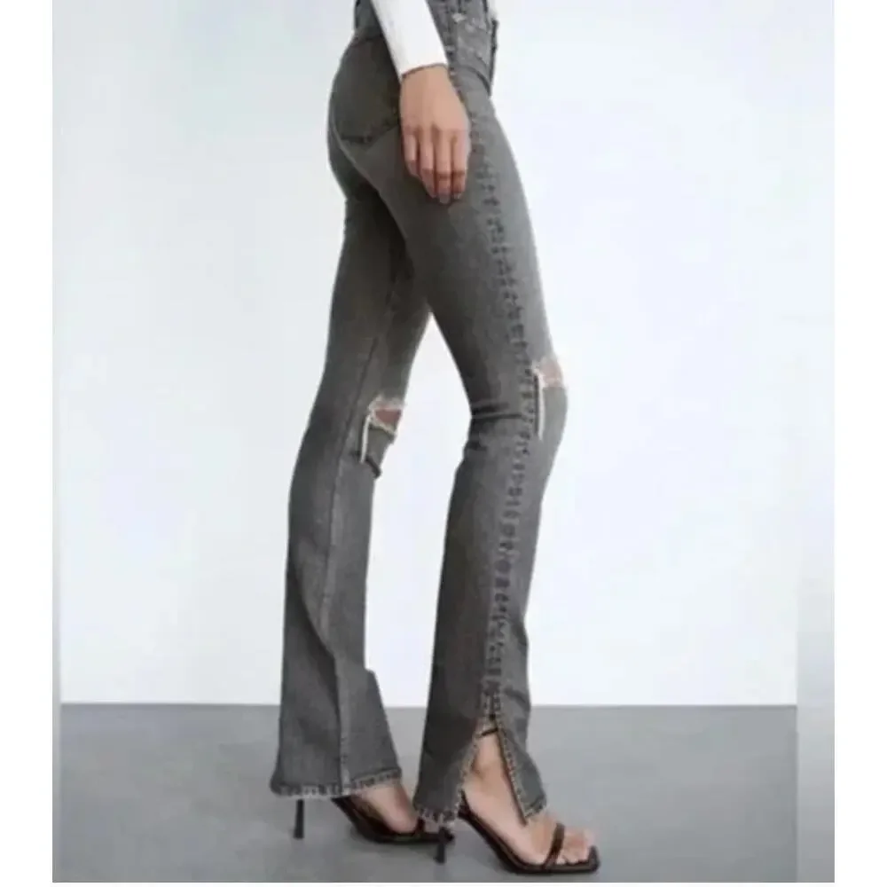 ZARA Split-Hem Skinny Jeans Gray Busted Knees Distressed Y2K Streetwear Sz 4