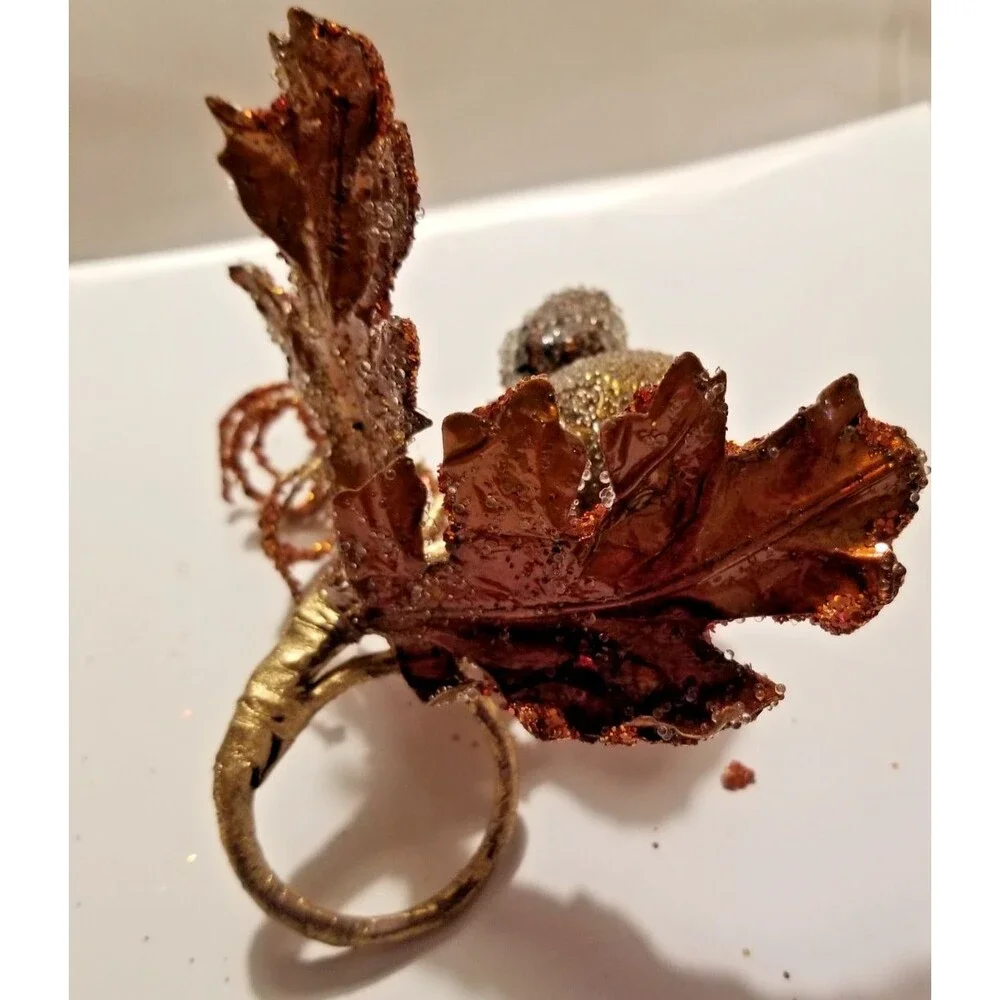 Fall Leaves & Acorn Napkin Ring Holders Set of 6 Sparkle Copper Color