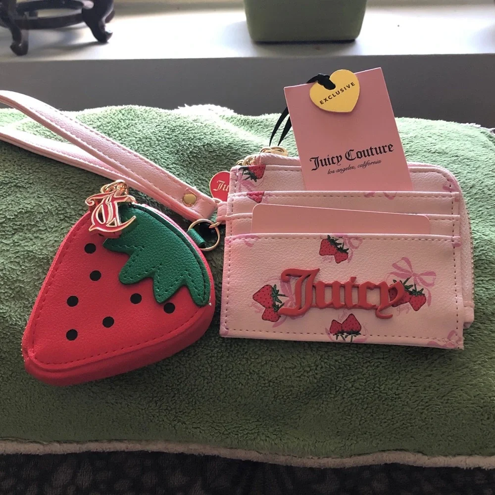 Juicy Couture Pink Cardholder Wristlet with Red & Green Strawberry Charm