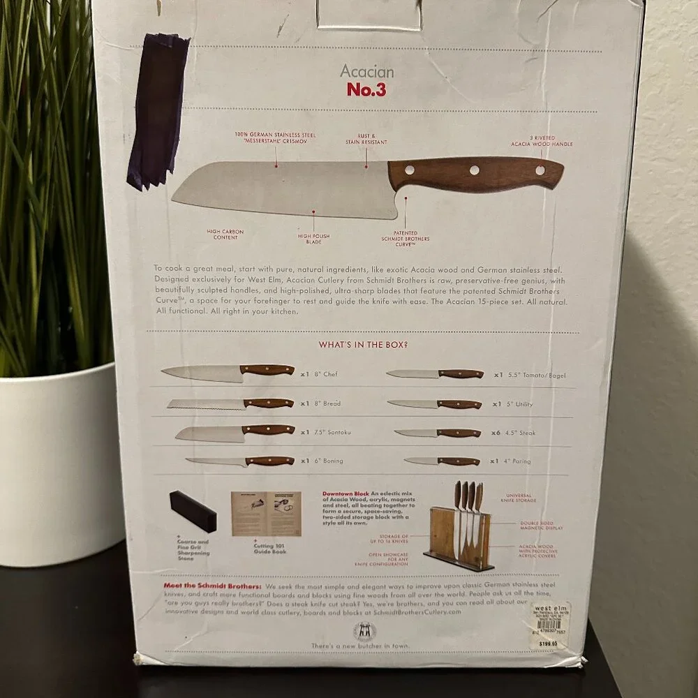 Schmidt Bros Acacian No. 3 Complete 15-Piece Knife Set w/ Magnetic Block & Box