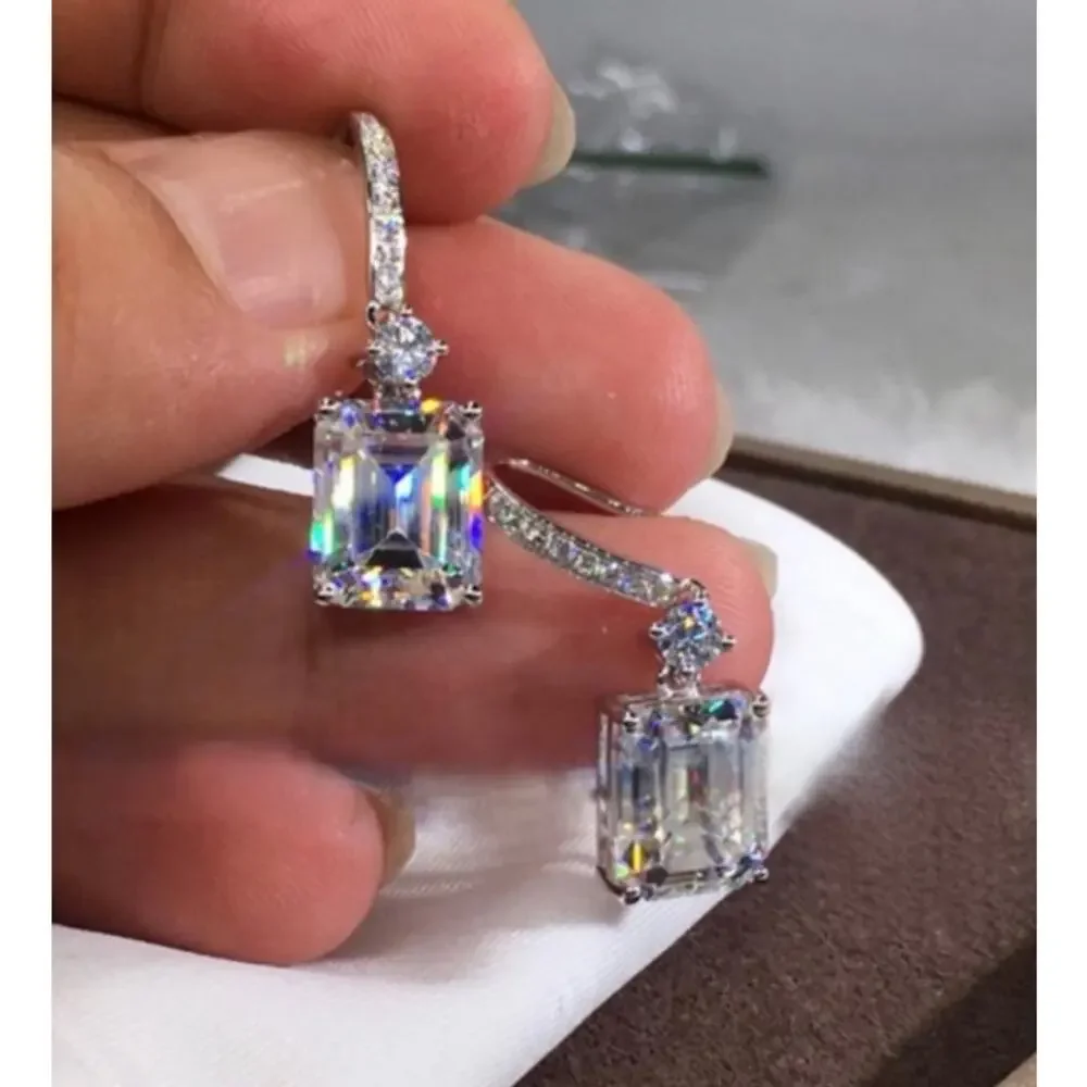 NEW 18K WHITE GOLD RADIANT DIAMOND DROP EARRINGS