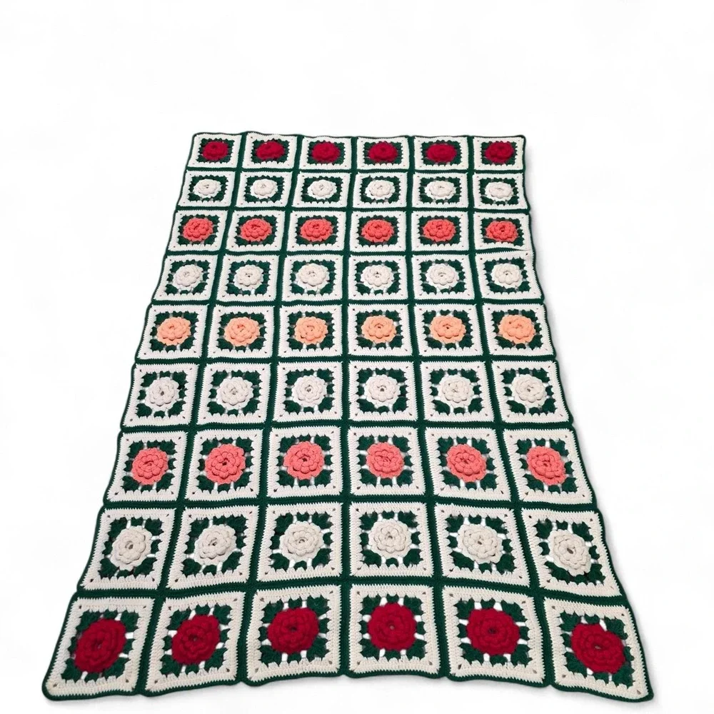Handmade Crochet Knit Throw Granny Blanket 3D Afghan Roses Square Floral Cottage