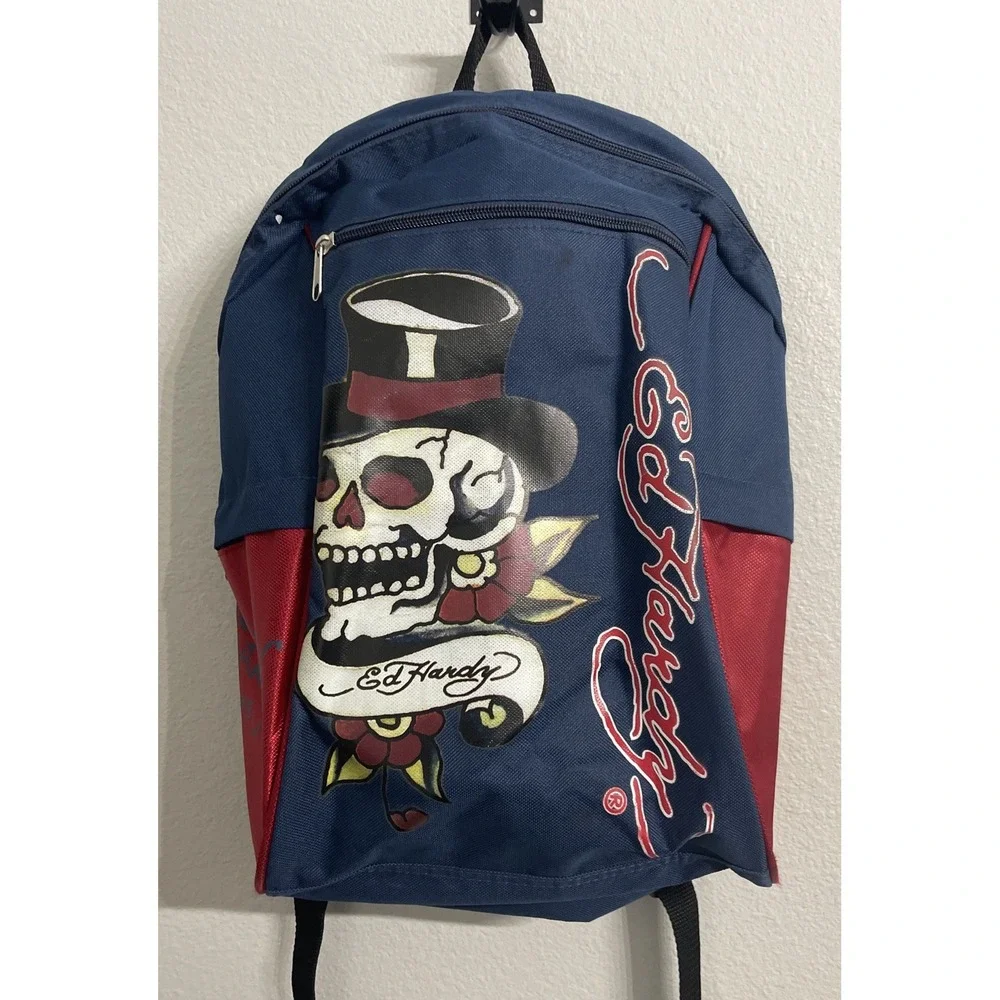 ED HARDY Skull with Top Hat‎ Zip Up Backpack With 4 Pockets Blue & Red