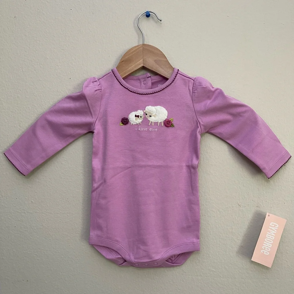 Gymboree Baby Girl Pink Lamb Appliqué Long Sleeve Bodysuit 100% cotton sz 6 -12