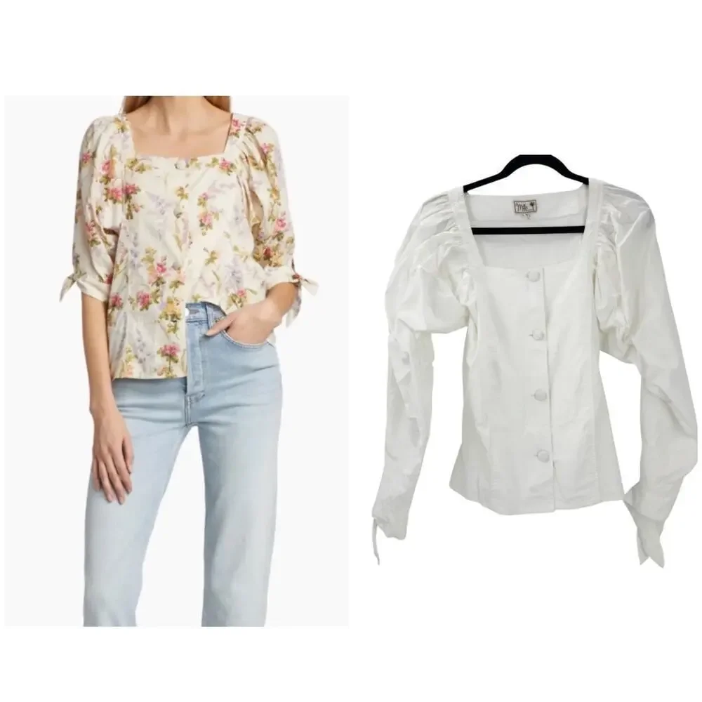 Mille Resort & Travel Evelyn Blouse White Puff Long Sleeves Size M NWOT