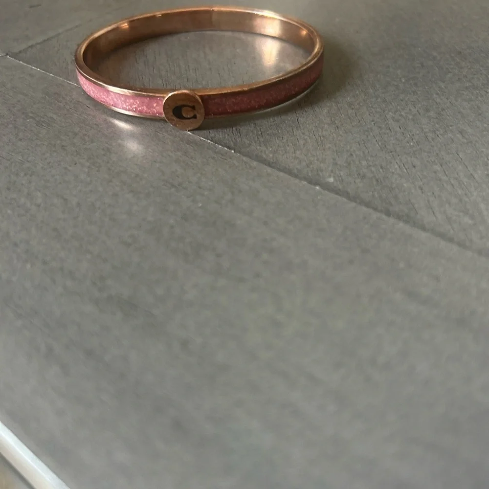 Coach Rose Gold-Tone Pink Glitter Logo Bangle Bracelet