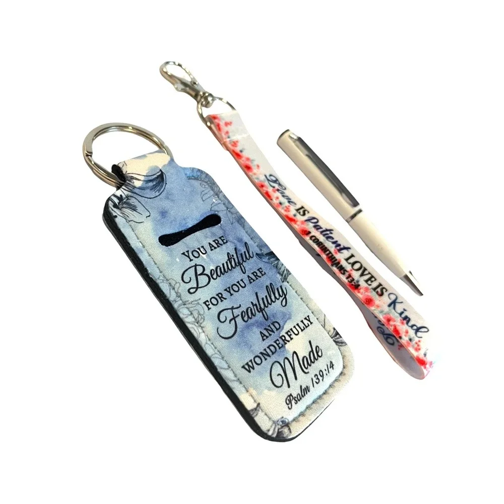 Religious Lip Balm Key Chain Women's Blue Floral Wristlet Scripture Set