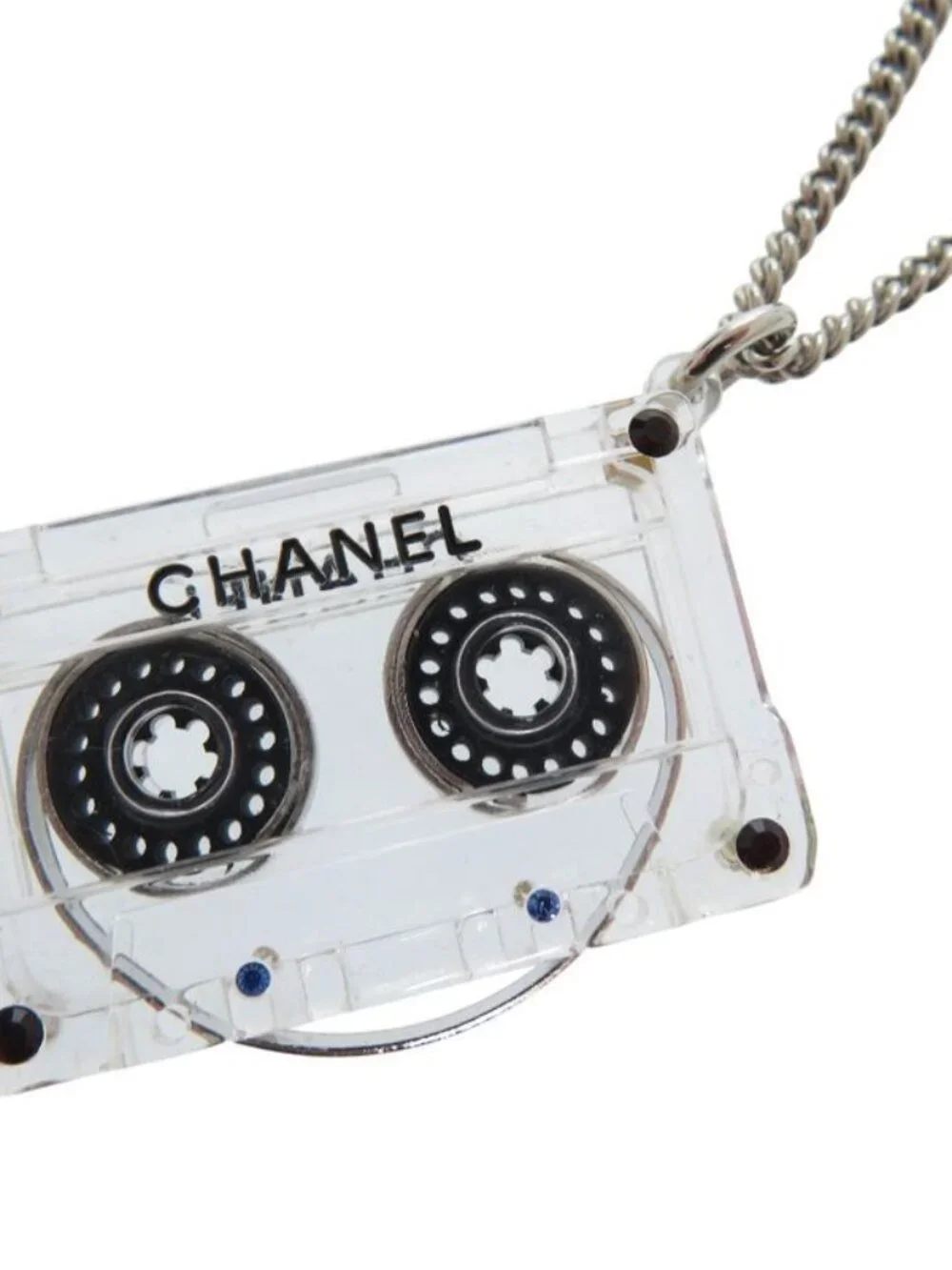 Chanel Cassette Tape Rhinestone Necklace Plastic Clear 1434