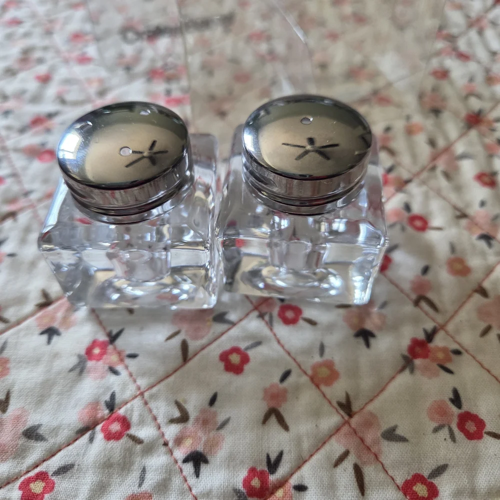 Crate&Barrel Clear Glass Salt and Pepper Set with Silver Lids