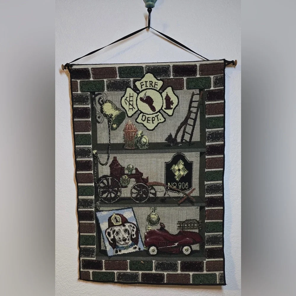 Vintage Fire Dept Woven Tapestry Wall Hanging Bannerette Dalmatian Decor 17x25