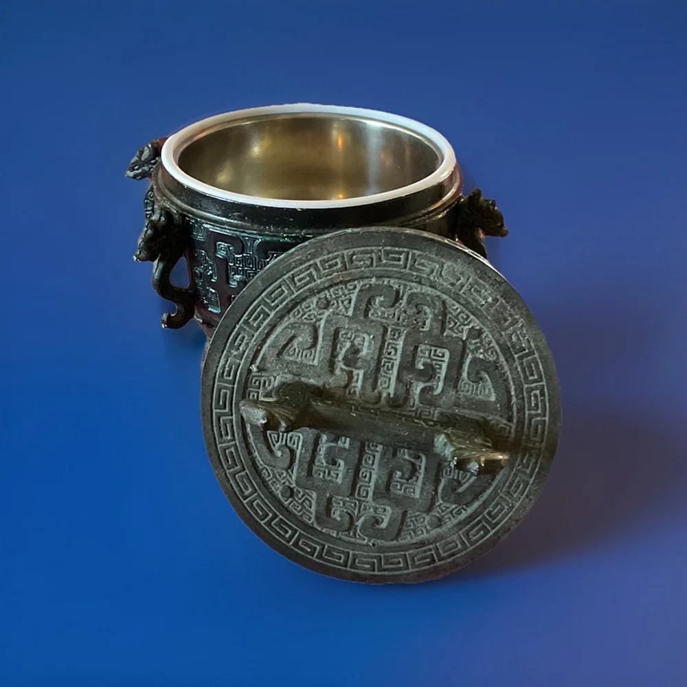 Vintage James Mont style Bronze Mayan Design Ice Bucket green
