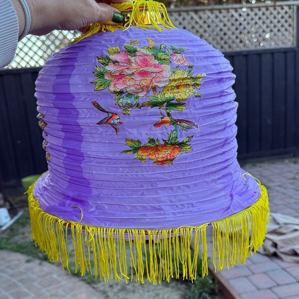 2 fabric Vintage Purple Floral Lantern with Yellow Fringe and green