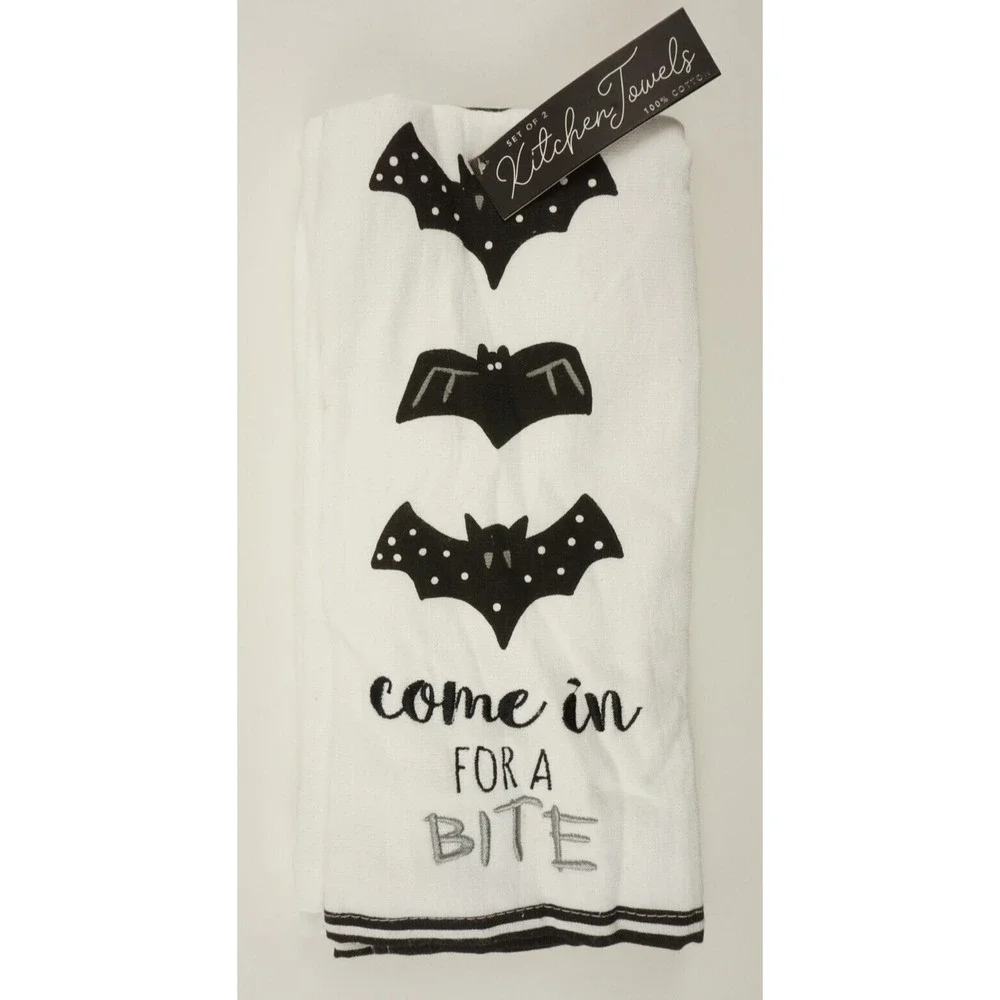 New Set of Two Come In For A Bite Halloween Kitchen Towels White Vampire Bat