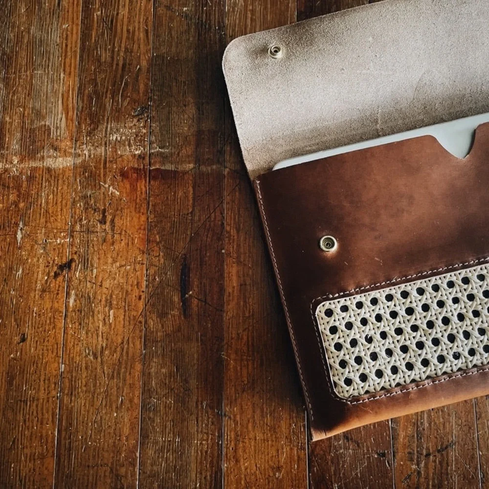 Brown Leather Folio Case with Woven Detail