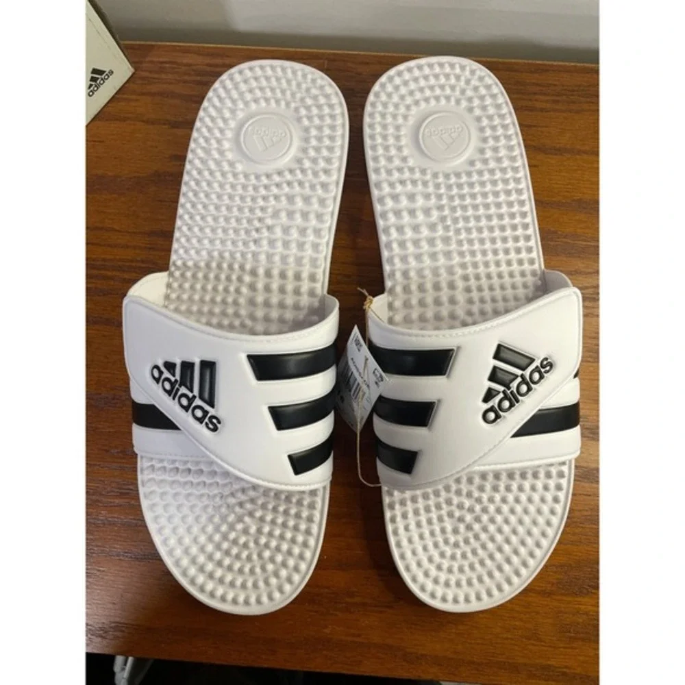Adidas Adissage Slides Sandal Massage Comfort White Black Mens 18 w/Box NEW