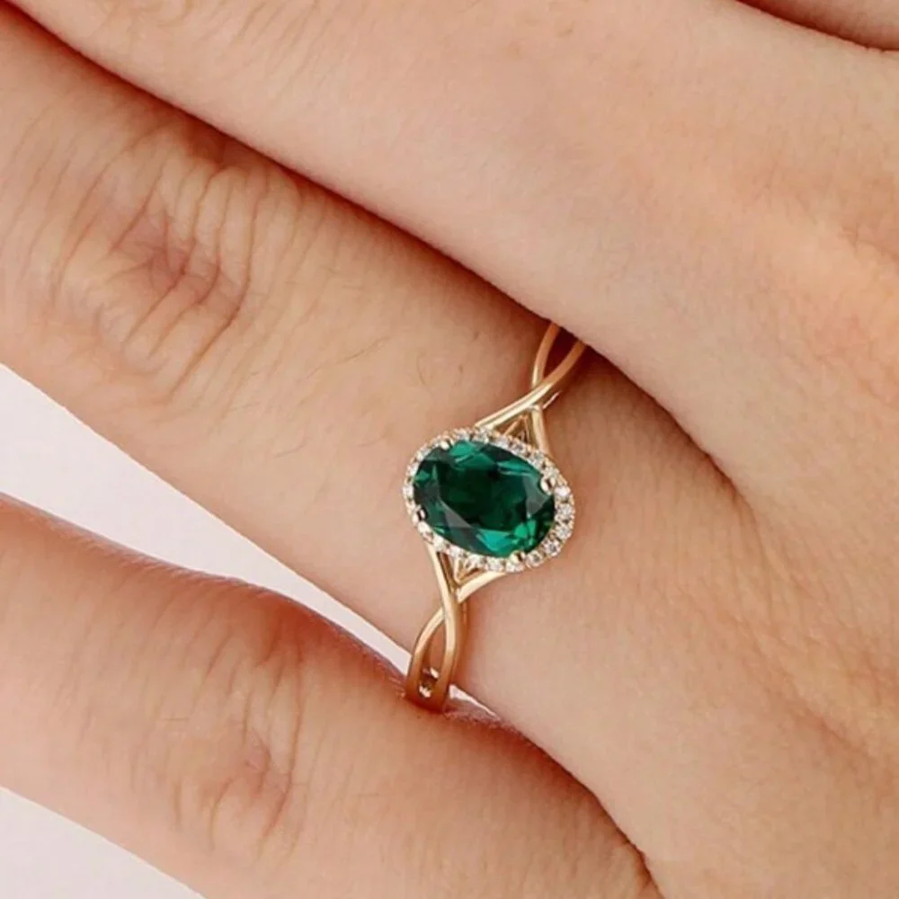 18K Gold Filled Emerald Green Oval Halo Twist Ring Size 7