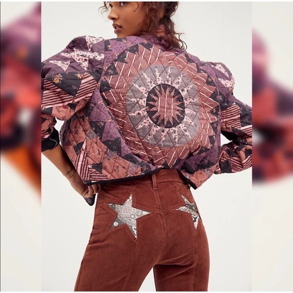 Free People Firecracker Flare Corduroy Pants Paisley Star Patchwork
