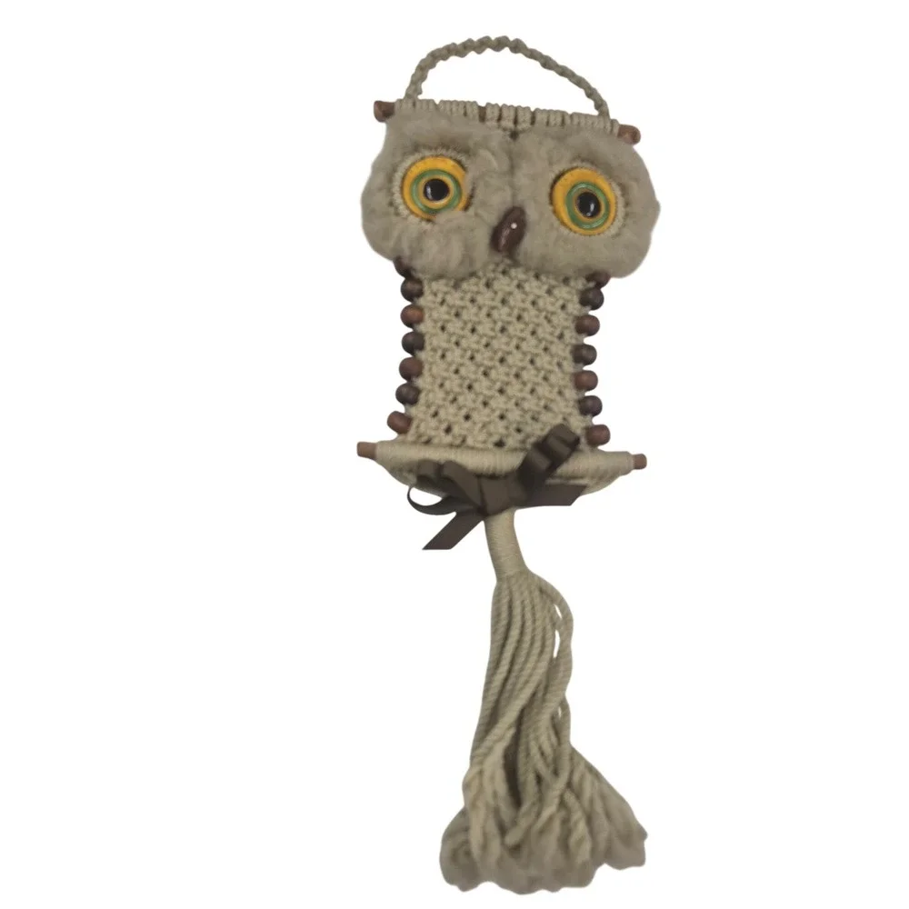 Vintage Macrame Owl Wall Hanging Boho Wood Bead Tassel Decor Beige 17‎ Inch