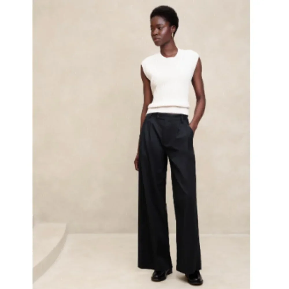 Banana Republic High Rise Pleated Wide Leg Linen Cotton Pants Black 8 PETITE NWT