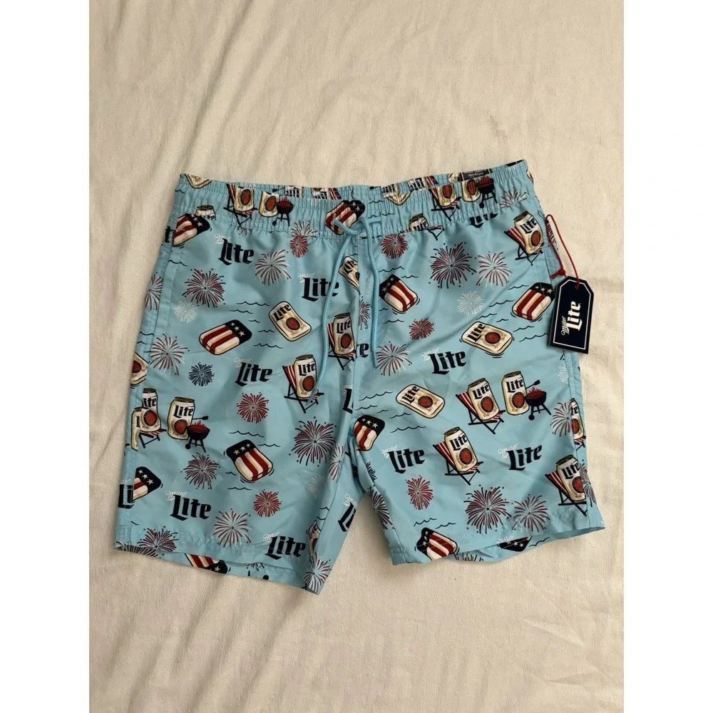 NEW Miller Lite Beer Logo Men's Swimming Trunks Swimsuit Miller Light Trunks Med