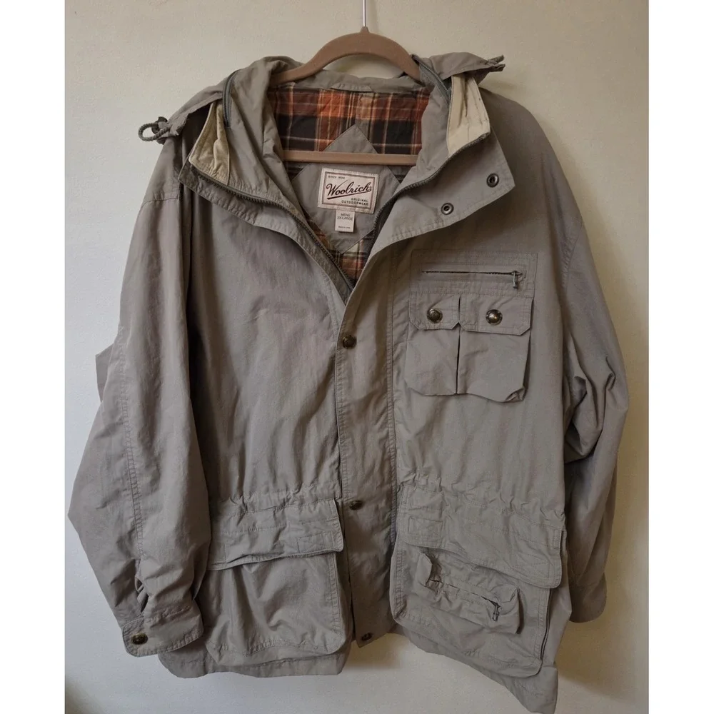 Vtg Woolrich Jacket Mens 2XL Tall Tan Zip Lined Chore Coat Jacket Hood