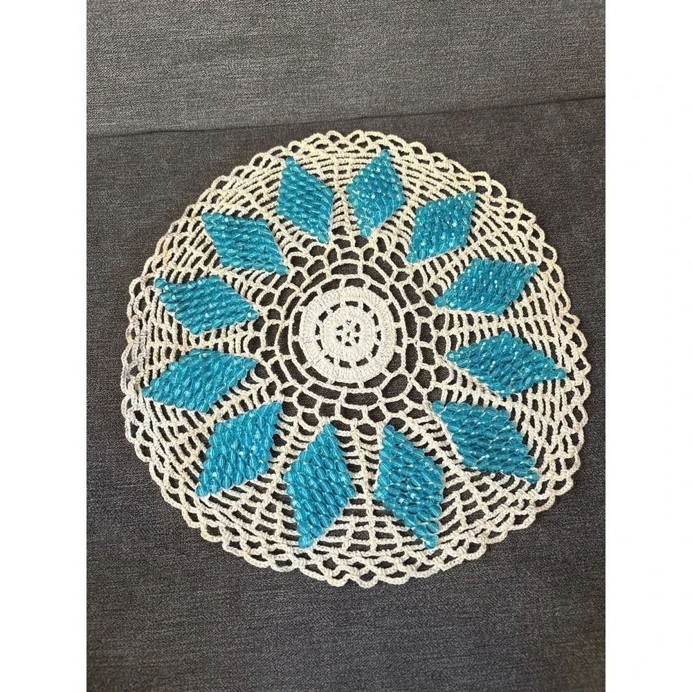 Handmade Crocheted Doily Blue Beads White 11