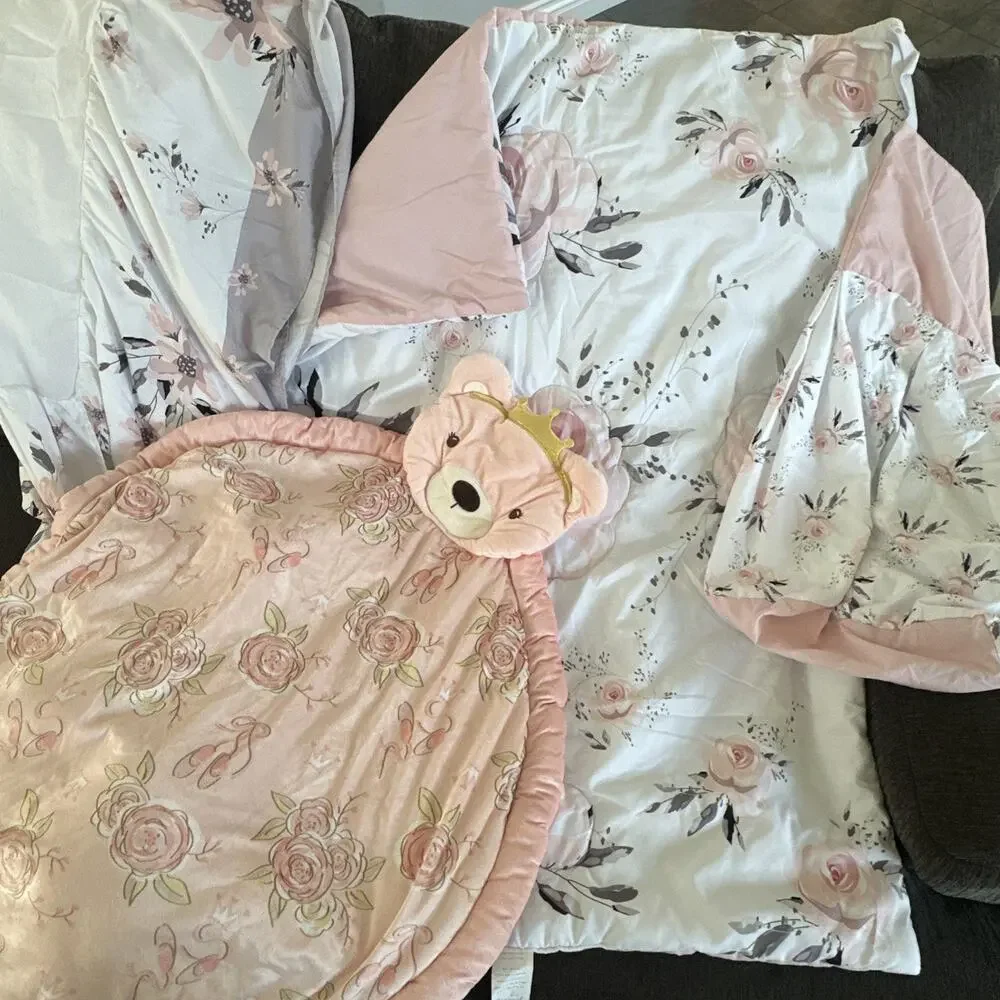 BEEWEED‎ Floral Crib Blanket Comforter, Skirt, Diaper Holder, Bear Rug Pink Rose