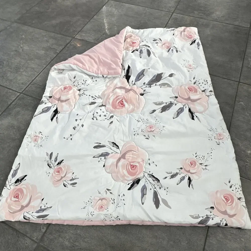 BEEWEED‎ Floral Crib Blanket Comforter, Skirt, Diaper Holder, Bear Rug Pink Rose