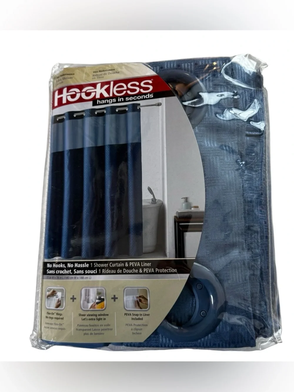 NIP Hookies Fabric Shower Curtain & PEVA Liner. Color Blue Basketweave 71” x 74”