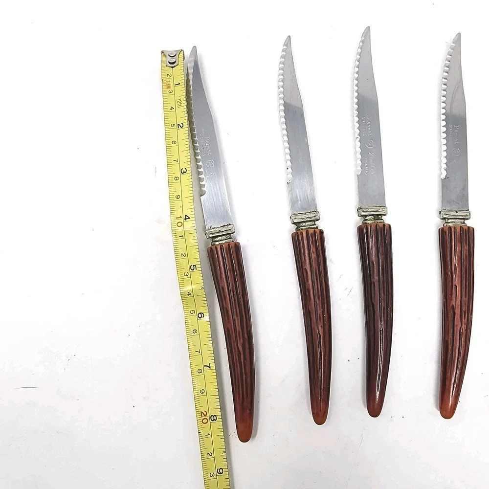 6 Regent Sheffield Steak Knives Stainless Bakelite Faux‎ Antler Handle VTG Block