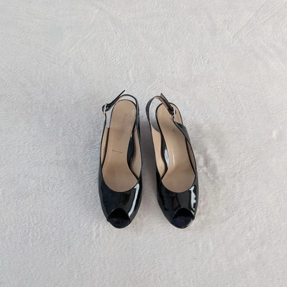 Ron White Black Patent Leather Slingback Wedge Heels Size 8
