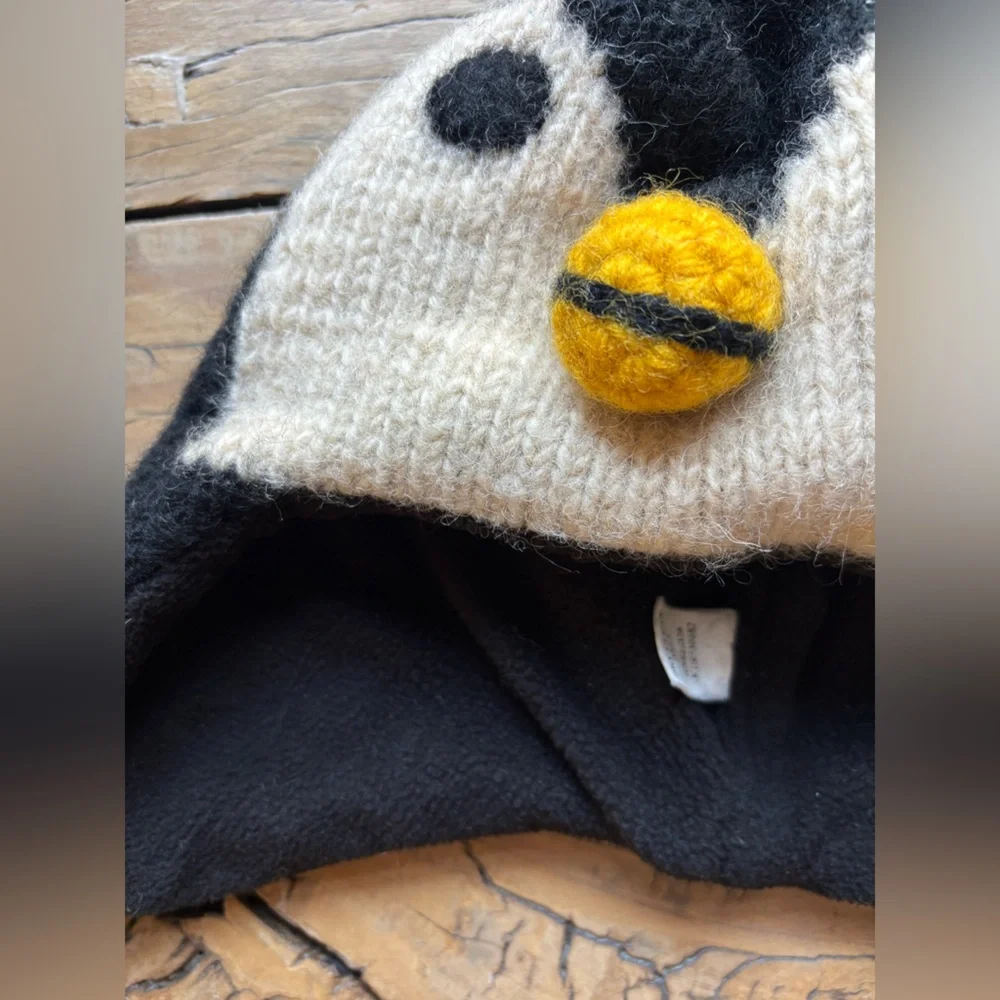 Wool Penguin Hat Fleece Lined Made In Nepal Chunky Knit