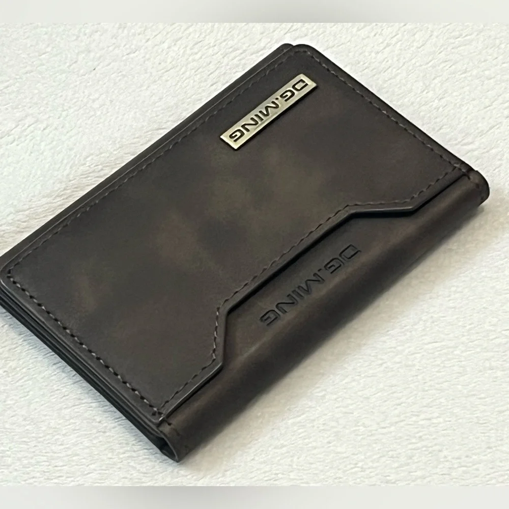 DG.MING Brown Leather Tri-Fold Magnetic Wallet