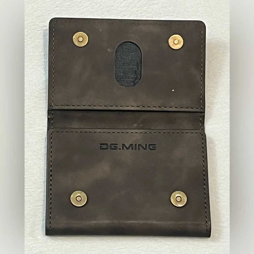DG.MING Brown Leather Tri-Fold Magnetic Wallet