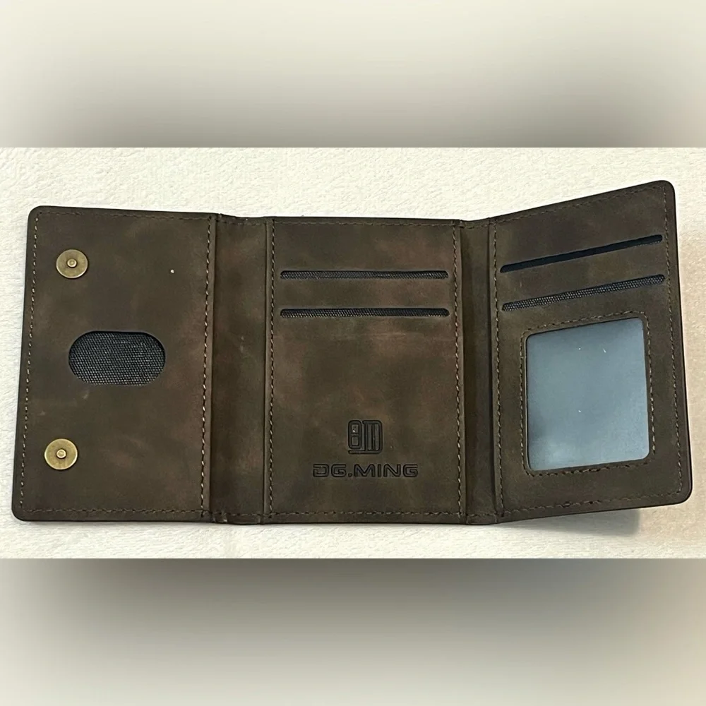 DG.MING Brown Leather Tri-Fold Magnetic Wallet