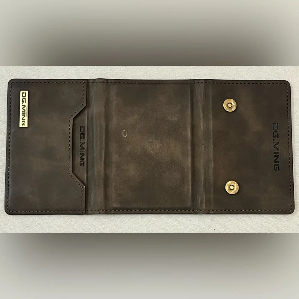DG.MING Brown Leather Tri-Fold Magnetic Wallet