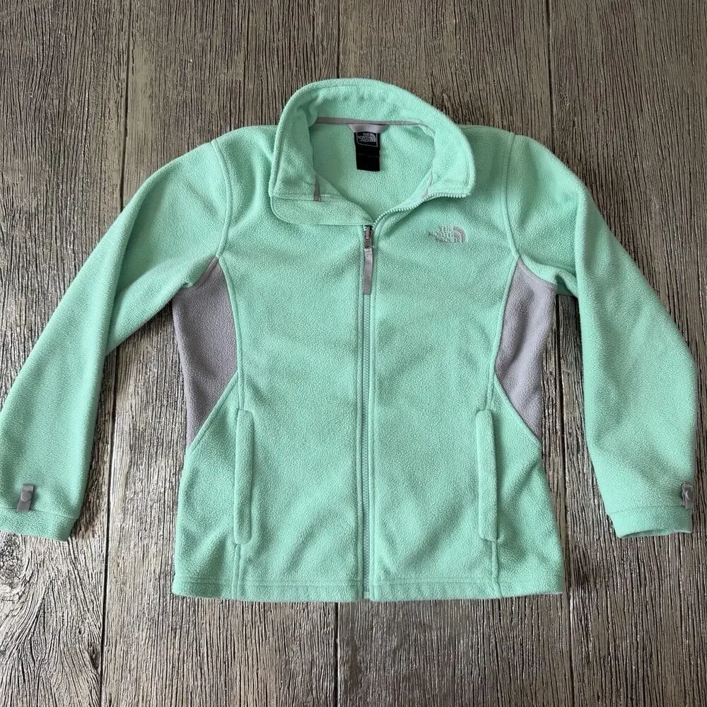 North Face Jacket Girls Large L Green Grey Fleece Full Zip Logo Zippered Pockets